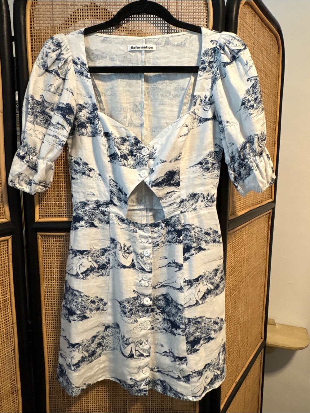 Linen Reformation Clay Dress in Covina. Blue & White Cutout Mini Dress. - Picture 2 of 6